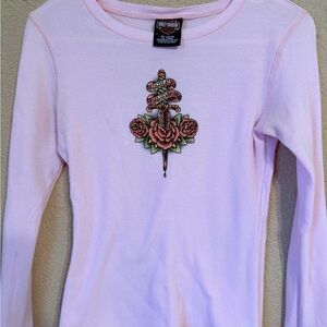 Harley-Davidson Light Pink Long Sleeve Thermal Top with Rose & Dagger Graphic